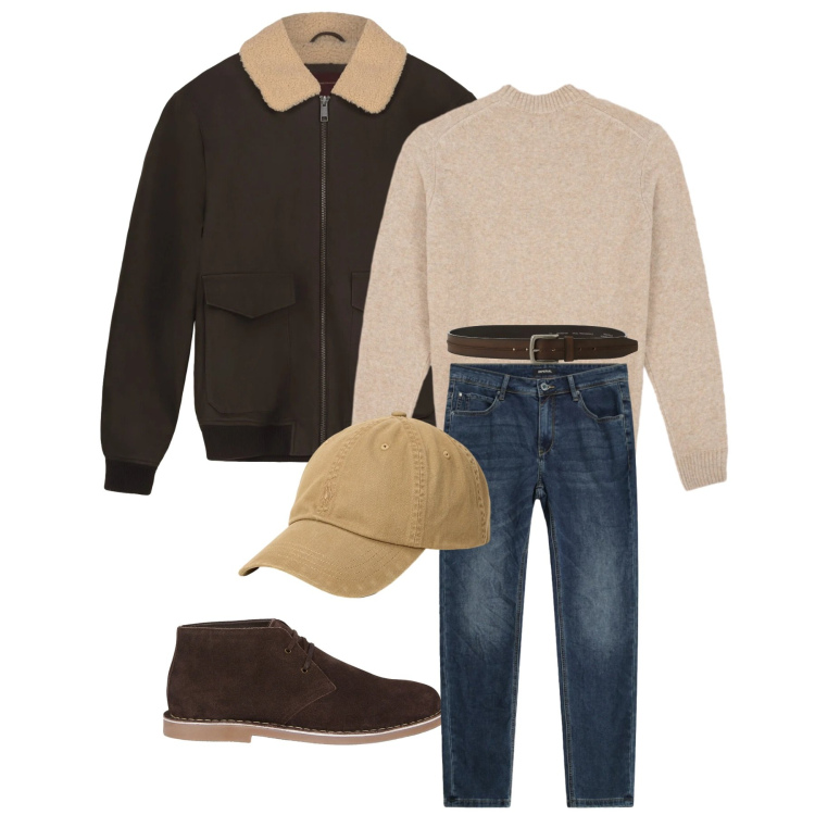 Outfit uomo - Total look #2310933. Stile Casual per Tutti i giorni. Abbinamento con cinture, jeans slim fit, cappelli, maglieria, stivali e stivaletti, bomber.