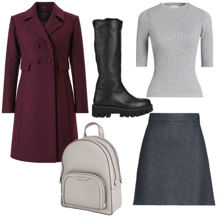 Outfit donna - Trendy in borgogna e grigio. Stile Chic per Tutti i giorni. Abbinamento con minigonne, stivali, pullovers, zaini, cappotti.