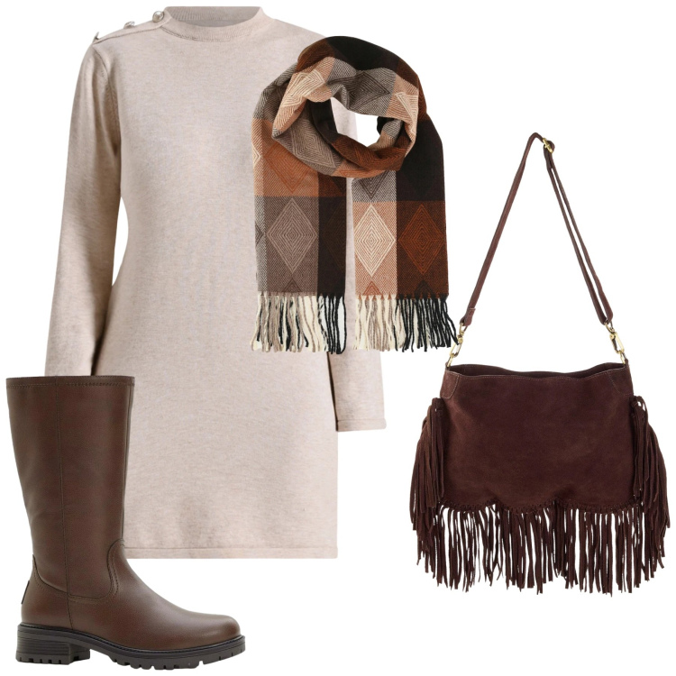 Outfit donna - Total look #2310943. Stile Urban per Tutti i giorni. Abbinamento con stivali, borse a tracolla, vestiti corti, sciarpe.