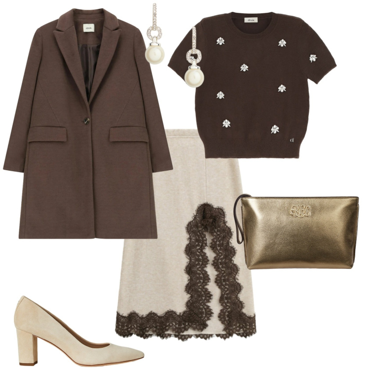 Outfit donna - Chic occasione speciale. Stile Chic per Tutti i giorni. Abbinamento con maglieria, gonne longuette, cappotti, orecchini, décolleté, pochette.