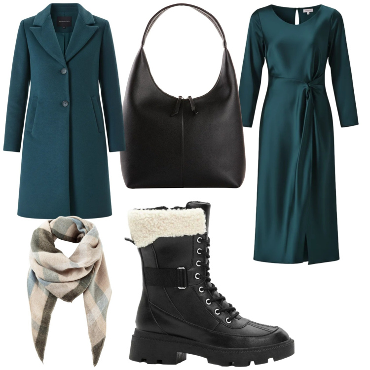 Outfit donna - Capodanno in montagna. Stile Casual chic per Serata fuori. Abbinamento con anfibi, sciarpe, shopping bag, vestiti midi/longuette, cappotti.
