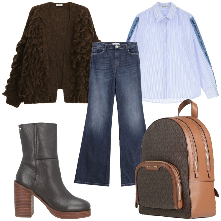 Outfit donna - Total look #2310955. Stile Casual per Tutti i giorni. Abbinamento con zaini, stivaletti, cardigans, jeans a zampa, camicie.