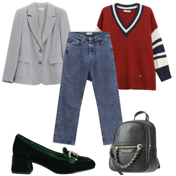 Outfit donna - Total look #2310966. Stile Preppy per Tutti i giorni. Abbinamento con mocassini, zaini, blazer, maglieria, jeans dritti.