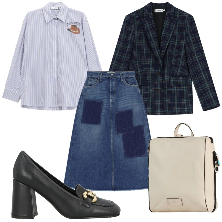 Outfit donna - Total look #2310968. Stile Preppy per Tutti i giorni. Abbinamento con mocassini, zaini, camicie, gonne lunghe, blazer.