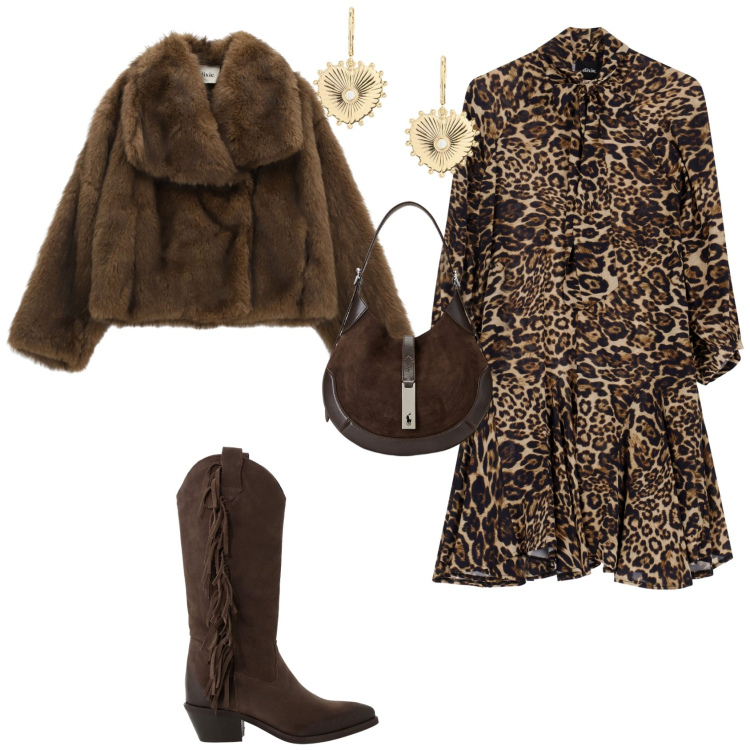 Outfit donna - Chic serata evento speciale. Stile Chic per Tutti i giorni. Abbinamento con orecchini, borse a spalla, blazer, vestiti corti, stivali.