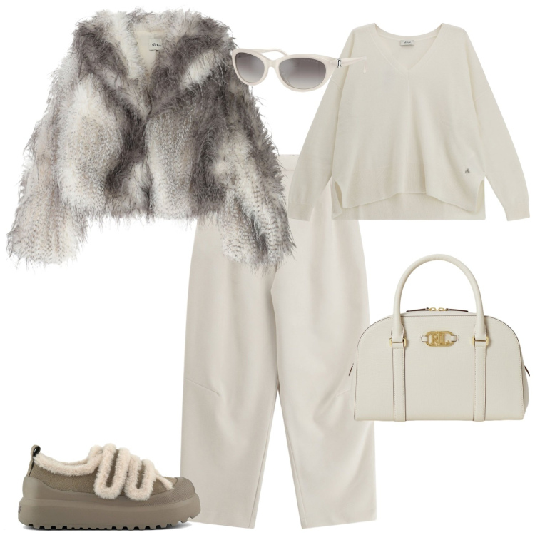 Outfit donna - Trendy in bianco per la montagna. Stile Trendy per Tutti i giorni. Abbinamento con blazer, maglieria, pantaloni a palazzo, occhiali da sole, borse a mano, sneakers.