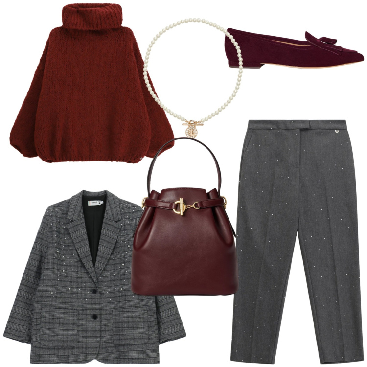 Outfit donna - Chic In ufficio. Stile Chic per Ufficio. Abbinamento con pantaloni, maglieria, blazer, borse a secchiello, ciondoli, ballerine.