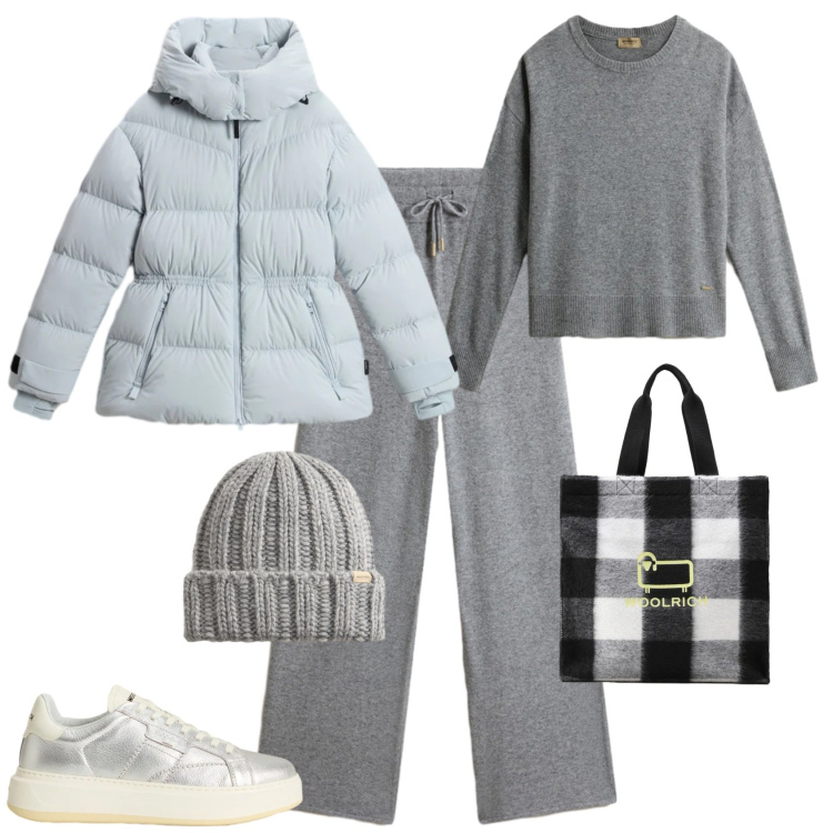 Outfit donna - Trendy pronta per la neve. Stile Trendy per Tutti i giorni. Abbinamento con borse tote, pantaloni, maglieria, sneakers, berretti, piumini.
