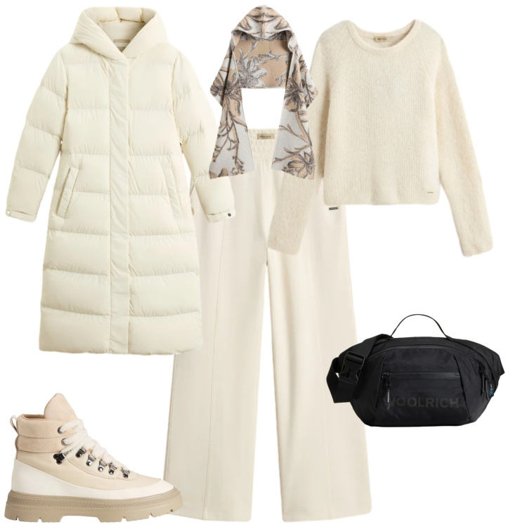 Outfit donna - Trendy in montagna con la neve. Stile Trendy per Tutti i giorni. Abbinamento con borse a tracolla, pantaloni, piumini, maglieria, sciarpe, anfibi.