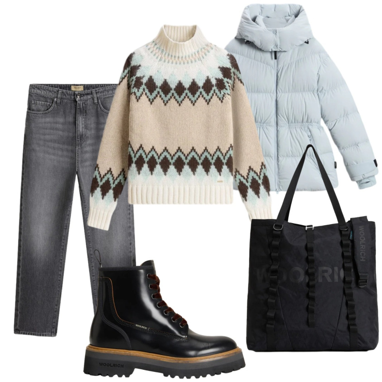 Outfit donna - Total look #2310980. Stile Casual per Tutti i giorni. Abbinamento con borse tote, jeans, anfibi, maglieria, piumini.