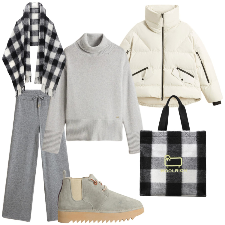 Outfit donna - Total look #2310983. Stile Casual per Tutti i giorni. Abbinamento con borse tote, stivaletti, pantaloni, maglieria, piumini, sciarpe.