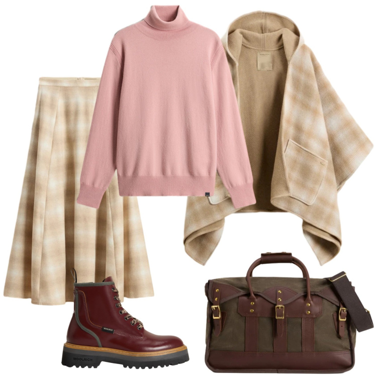 Outfit donna - Total look #2310985. Stile Casual per Tutti i giorni. Abbinamento con borse a tracolla, anfibi, gonne lunghe, cappe, maglieria.