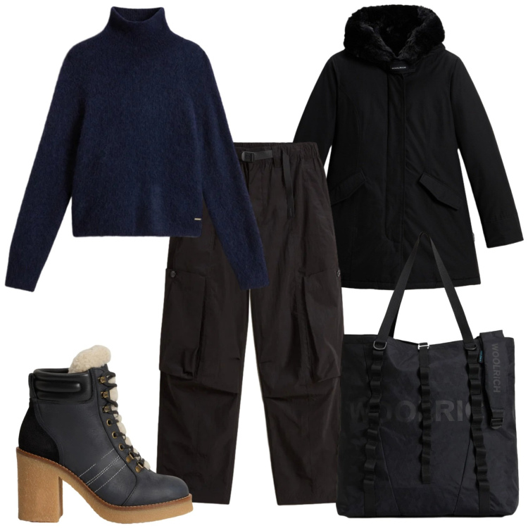 Outfit donna - Total look #2310989. Stile Casual per Tutti i giorni. Abbinamento con borse tote, maglieria, stivaletti, pantaloni cargo, parka.