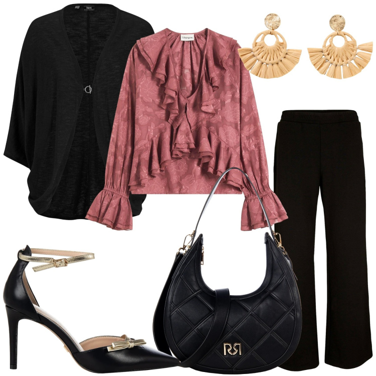 Outfit donna - Serata chic. Stile Chic per Serata fuori. Abbinamento con bluse, cardigans, pantaloni a palazzo, orecchini, borse a tracolla, décolleté.