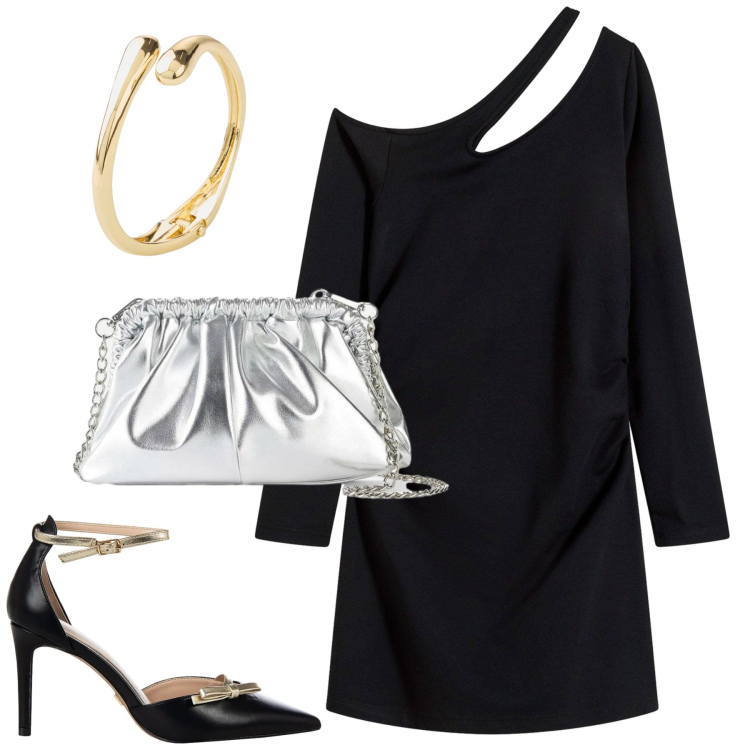 Outfit donna - Serata. Stile Chic per Serata fuori. Abbinamento con vestiti corti, braccialetti, borse a tracolla, décolleté.