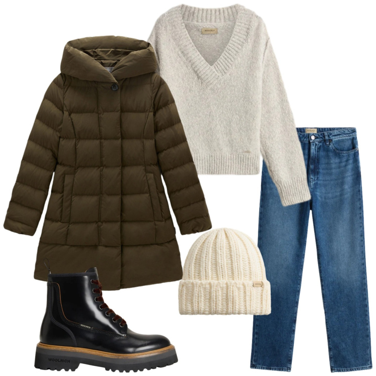 Outfit donna - Vesto Woolrich. Stile Casual per Tutti i giorni. Abbinamento con jeans, maglieria, anfibi, berretti, parka.