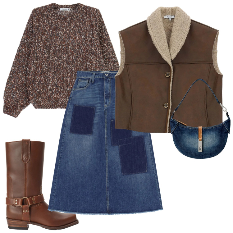 Outfit donna - Please saldi 2025. Stile Casual chic per Tutti i giorni. Abbinamento con gonne lunghe, maglieria, gilet, borse a spalla, stivaletti.