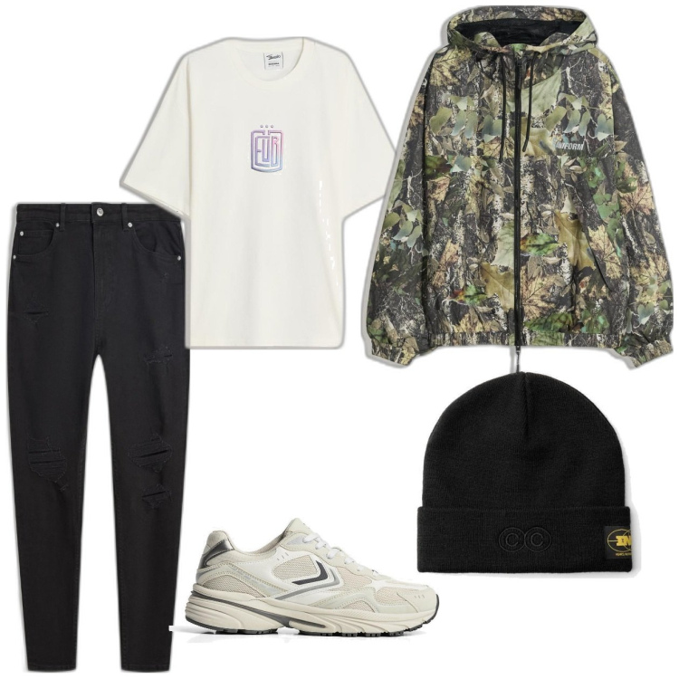 Outfit hombre - Casual #4. Estilo Casual para Todos los días. Combinación con vaqueros rotos, sneakers, chaquetas, camiseta, gorros.