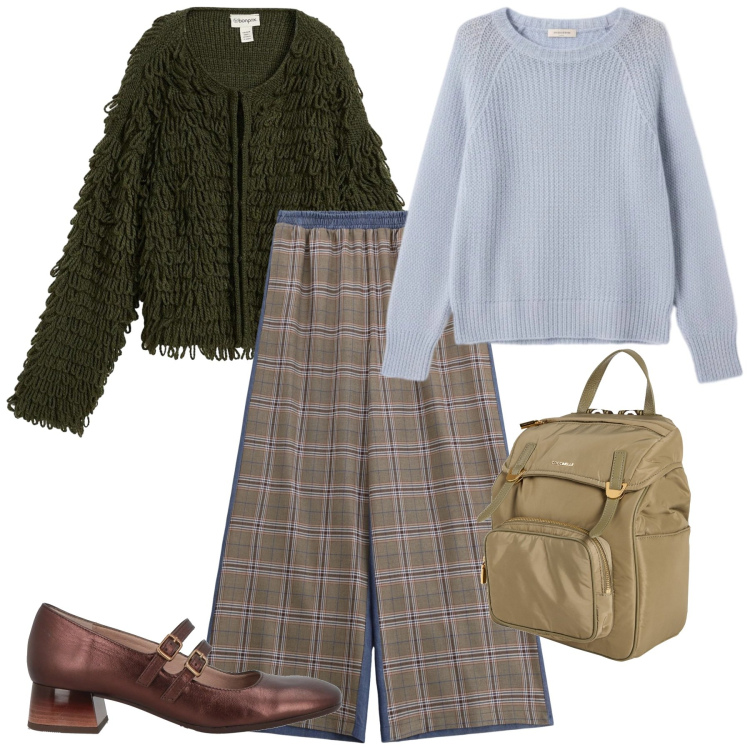 Outfit donna - Pantapalazzo chic. Stile Chic per Tutti i giorni. Abbinamento con cardigans, zaini, décolleté, pantaloni a palazzo, maglieria.