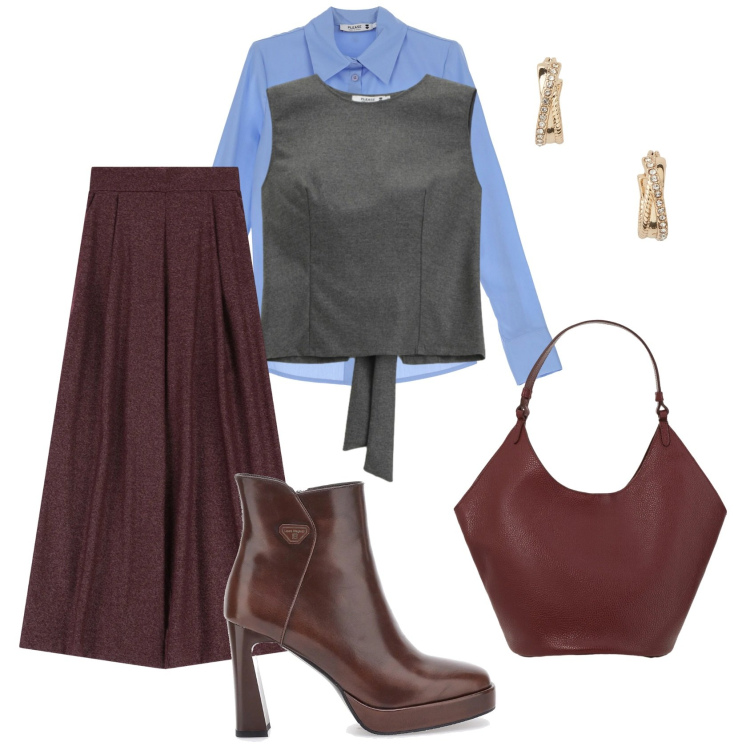 Outfit donna - Total look #2311031. Stile Chic per Ufficio. Abbinamento con top, pantaloni a palazzo, camicie, orecchini, borse a spalla, stivaletti.
