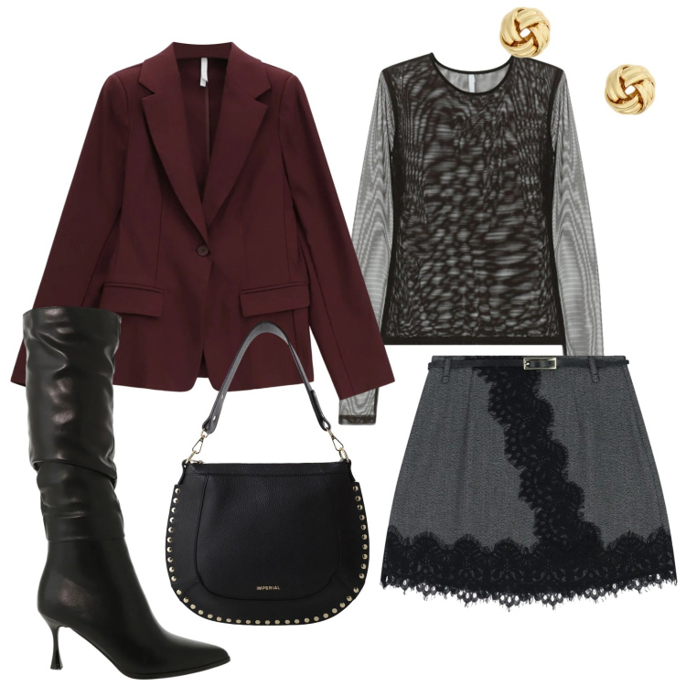 Outfit donna - Total look #2311032. Stile Chic per Serata fuori. Abbinamento con blazer, stivali sopra il ginocchio, t-shirt, minigonne, borse a spalla, orecchini.