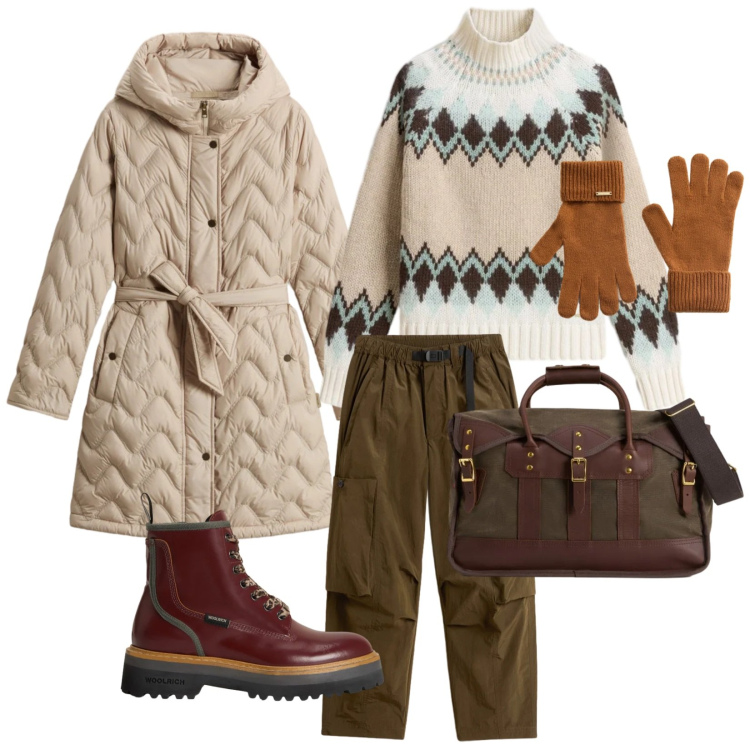 Outfit donna - Saldi inverno. per Tutti i giorni. Abbinamento con borse a tracolla, pantaloni cargo, maglieria, guanti, anfibi, parka.