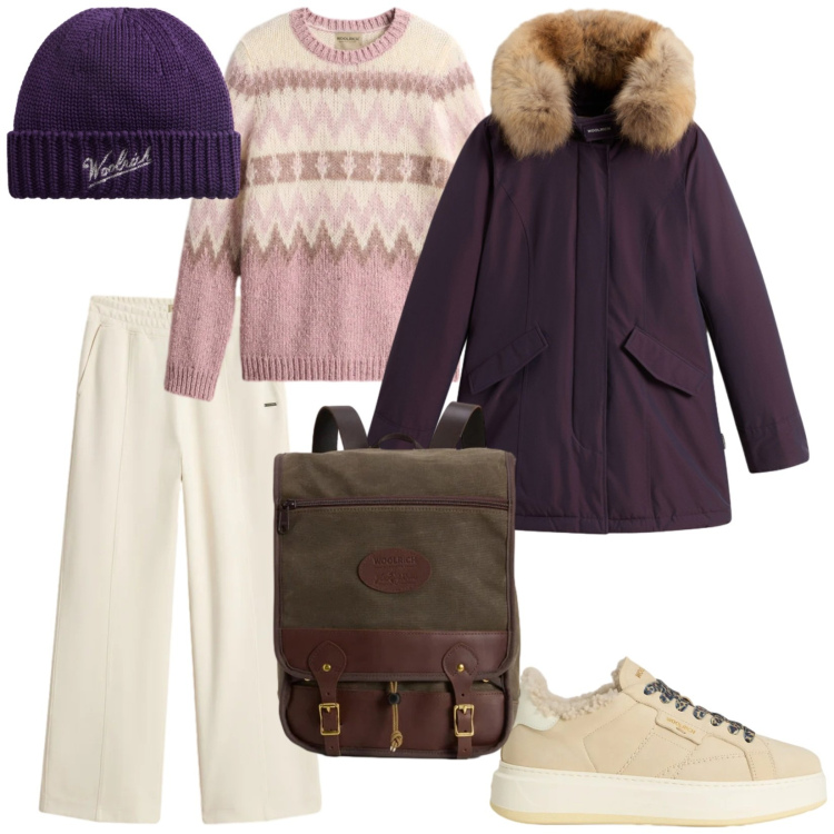 Outfit donna - Il giubbotto viola. per Tutti i giorni. Abbinamento con zaini, pantaloni, sneakers, berretti, parka, maglieria.