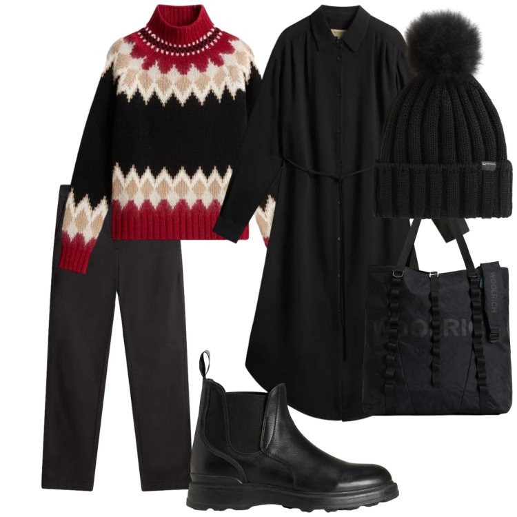 Outfit donna - Capodanno. per Serata fuori. Abbinamento con borse tote, vestiti lunghi, stivaletti, maglieria, berretti, pantaloni.