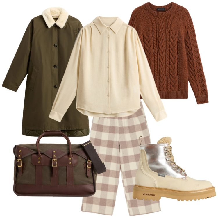 Outfit donna - Saldi invernali. per Scuola/Università. Abbinamento con borse a tracolla, pantaloni, anfibi, maglieria, camicie, cappotti.