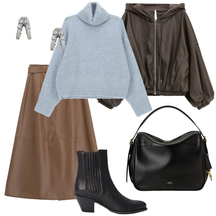 Outfit donna - Total look #2311051. Stile Casual chic per Ufficio. Abbinamento con maglieria, gonne lunghe, bomber, borse a mano, orecchini, stivaletti texani.