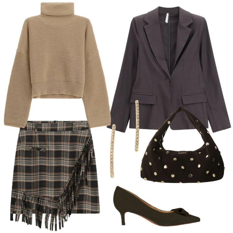 Outfit donna - Total look #2311056. Stile Chic per Serata fuori. Abbinamento con minigonne, maglieria, blazer, borse a spalla, orecchini, décolleté.