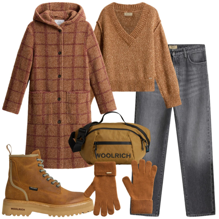 Outfit donna - Saldi Invernali Woolrich. Stile Chic per Tutti i giorni. Abbinamento con jeans, borse a tracolla, guanti, anfibi, maglieria, cappotti.