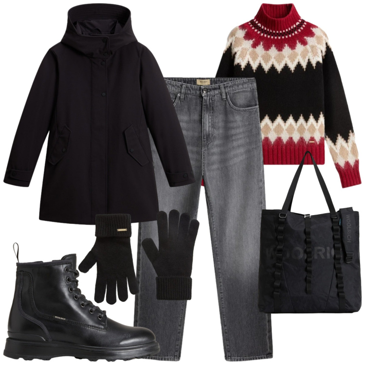 Outfit donna - Saldi Invernali Woolrich. Stile Casual chic per Tutti i giorni. Abbinamento con jeans, borse tote, parka, maglieria, anfibi, guanti.