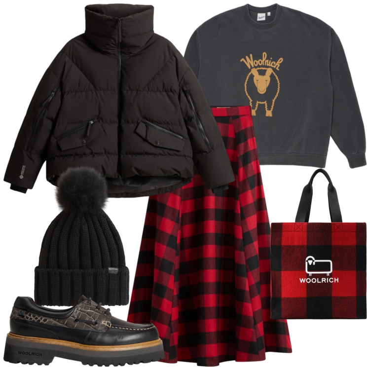 Outfit donna - Saldi Invernali Woolrich. Stile Chic per Serata fuori. Abbinamento con borse tote, gonne lunghe, mocassini, felpe, berretti, piumini.