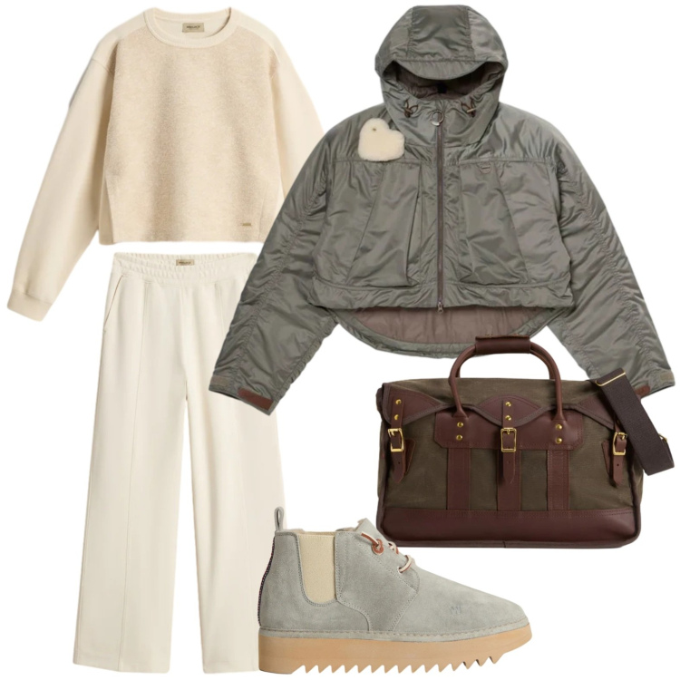 Outfit donna - Saldi Invernali Woolrich. Stile Basic per Tutti i giorni. Abbinamento con borse a tracolla, blazer, stivaletti, pantaloni, felpe.