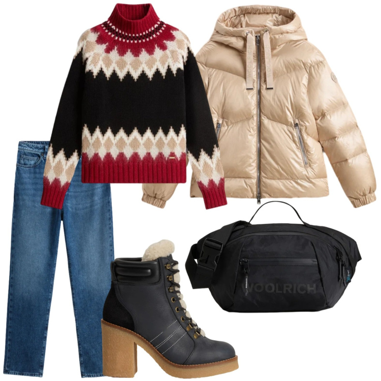Outfit donna - Saldi Invernali Woolrich. Stile Glamour per Tutti i giorni. Abbinamento con borse a tracolla, jeans, maglieria, stivaletti, piumini.