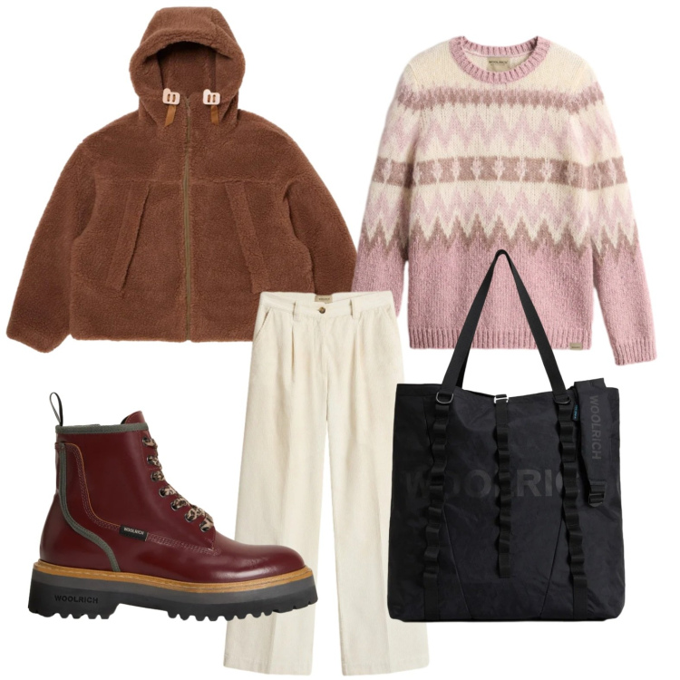 Outfit donna - Saldi Invernali Woolrich. Stile Basic per Ufficio. Abbinamento con borse tote, pantaloni, anfibi, parka, maglieria.