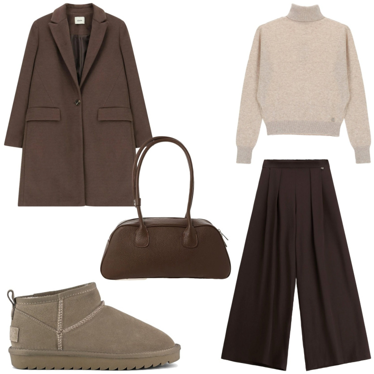 Outfit donna - Winter glam. Stile Glamour per Tutti i giorni. Abbinamento con pantaloni a palazzo, borse a mano, cappotti, maglieria, stivali.