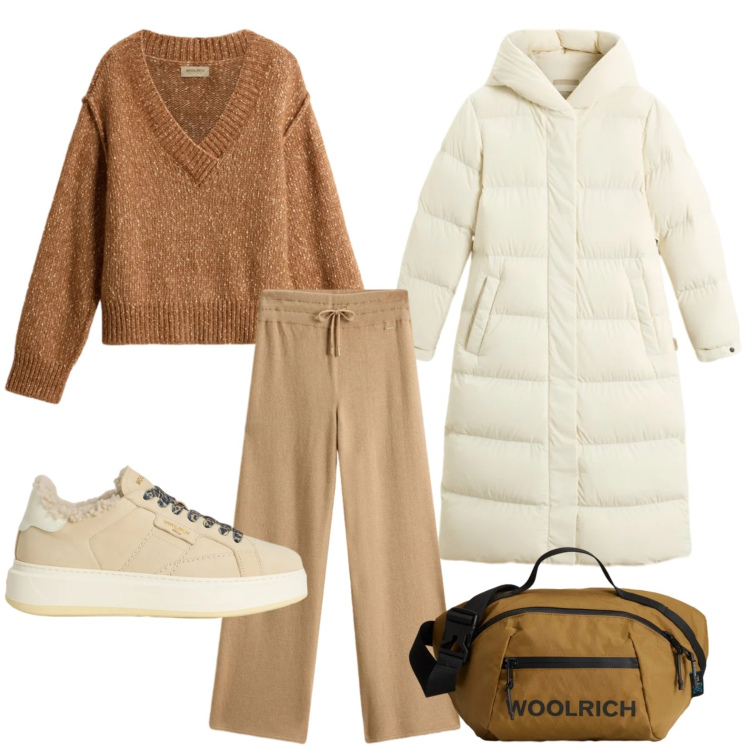 Outfit donna - Saldi Invernali Woolrich. Stile Glamour per Ufficio. Abbinamento con borse a tracolla, pantaloni, sneakers, piumini, maglieria.