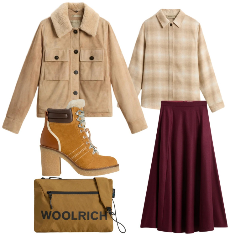 Outfit donna - Saldi Invernali Woolrich. Stile Minimal per Tutti i giorni. Abbinamento con borse a tracolla, stivaletti, piumini, gonne lunghe, camicie.