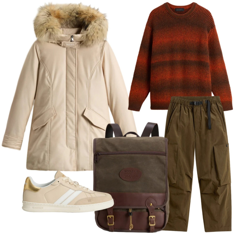 Outfit donna - Saldi Invernali Woolrich. Stile Casual per Ufficio. Abbinamento con zaini, pantaloni cargo, sneakers, maglieria, parka.