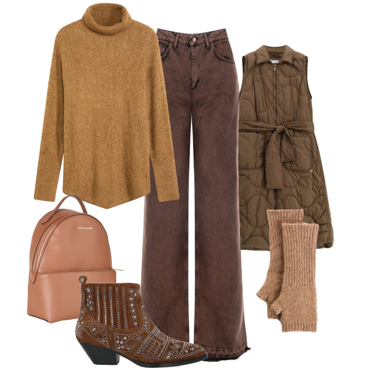 Outfit donna - Il giaccone smanicato. Stile Boho per Tutti i giorni. Abbinamento con maglieria, guanti, stivaletti, zaini, blazer, jeans dritti.