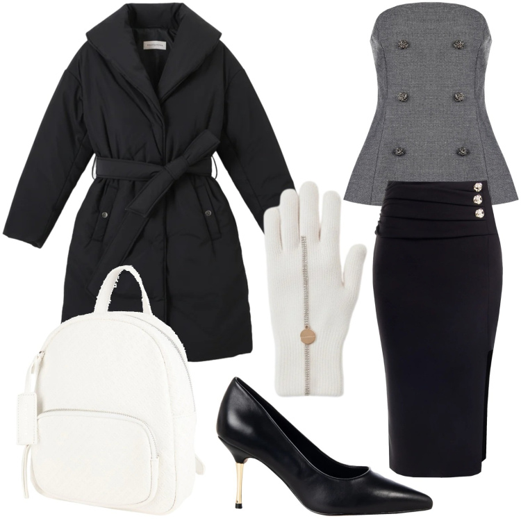 Outfit donna - Winter in Soft Grey. Stile Glamour per Serata fuori. Abbinamento con zaini, piumini, top, gonne longuette, décolleté, guanti.