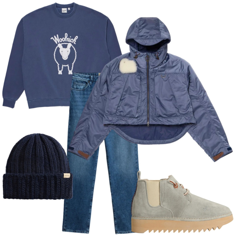 Outfit donna - Saldi Woolrich. Stile Casual per Tutti i giorni. Abbinamento con jeans, stivaletti, berretti, felpe, blazer.