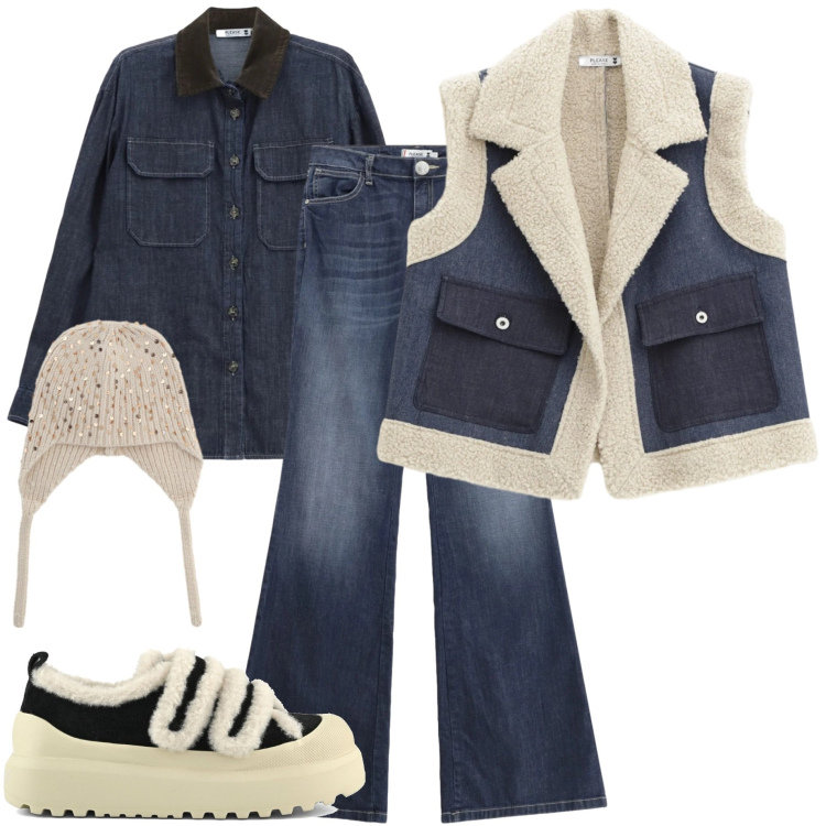 Outfit donna - Please saldi 25. Stile Casual chic per Tutti i giorni. Abbinamento con berretti, jeans a zampa, gilet, camicie, sneakers.