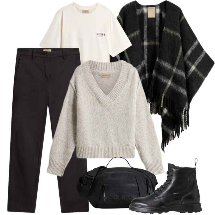 Outfit donna - Woolrich in saldo. Stile Sporty chic per Ufficio. Abbinamento con t-shirt, borse a tracolla, cappe, maglieria, anfibi, pantaloni.