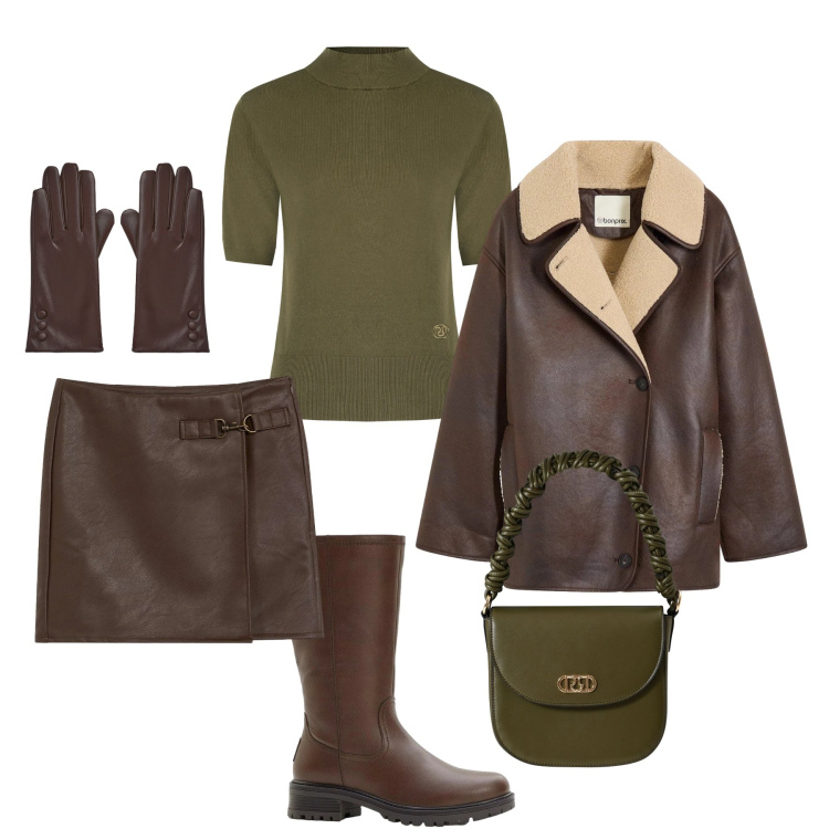 Outfit donna - Nuovo look cittadino. Stile Trendy per Tutti i giorni. Abbinamento con gonne, blazer, stivali, guanti, pullovers, borse a mano.