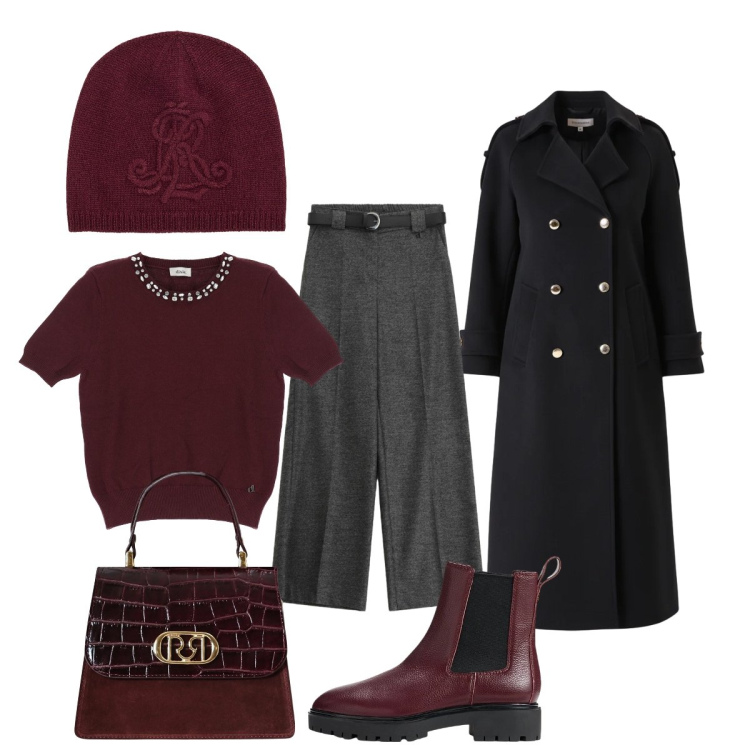 Outfit donna - Elegante con il cappotto nero. Stile Chic per Tutti i giorni. Abbinamento con borse a mano, cappotti, pantaloni a palazzo, maglieria, stivaletti chelsea, berretti.