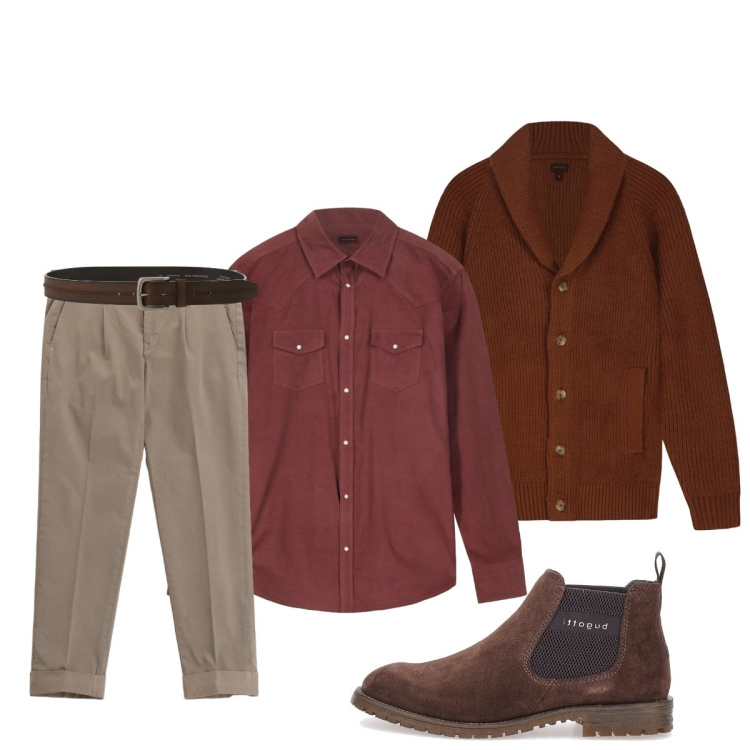 Outfit uomo - Il cardigan in lana e’un passpartout. Stile Trendy per Ufficio. Abbinamento con pantaloni chino, cinture, stivali e stivaletti, camicie, cardigans.