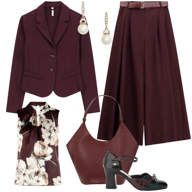 Outfit donna - Total look #2311222. Stile Chic per Cerimonia. Abbinamento con pantaloni a palazzo, blazer, orecchini, borse a spalla, décolleté, top.